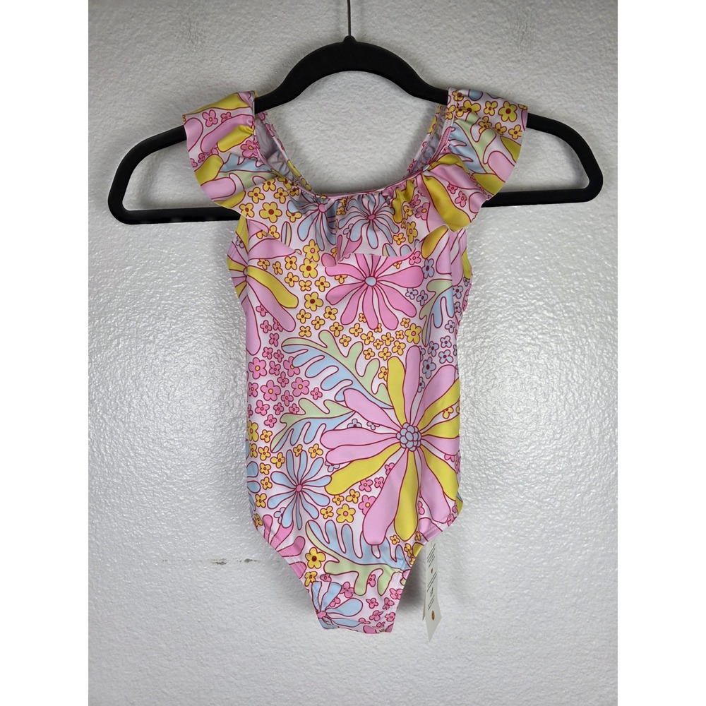Angel Season Girls Pink Floral Ruffle One Piece Swimsuit‎ Sz 7 Years Retro Daisy